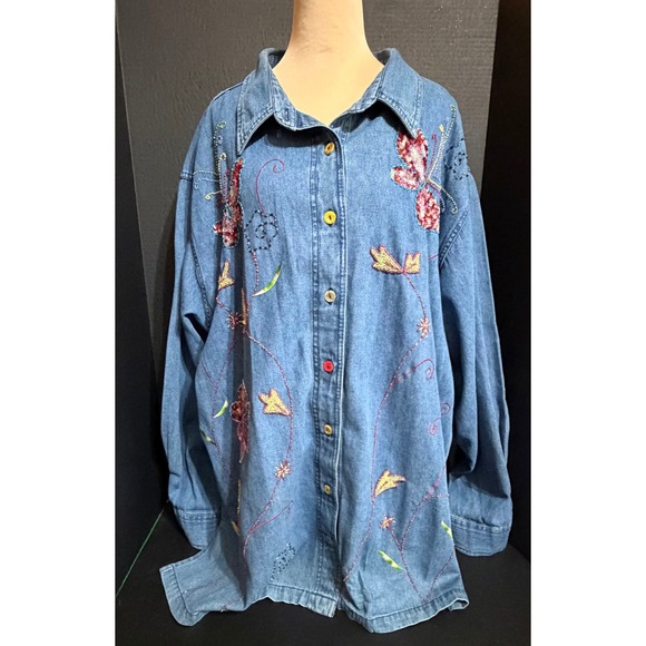 Quacker Factory Tops - Butterfly Sequin Beaded Embellished Floral Quacker Factory Womens 2X Denim Shirt